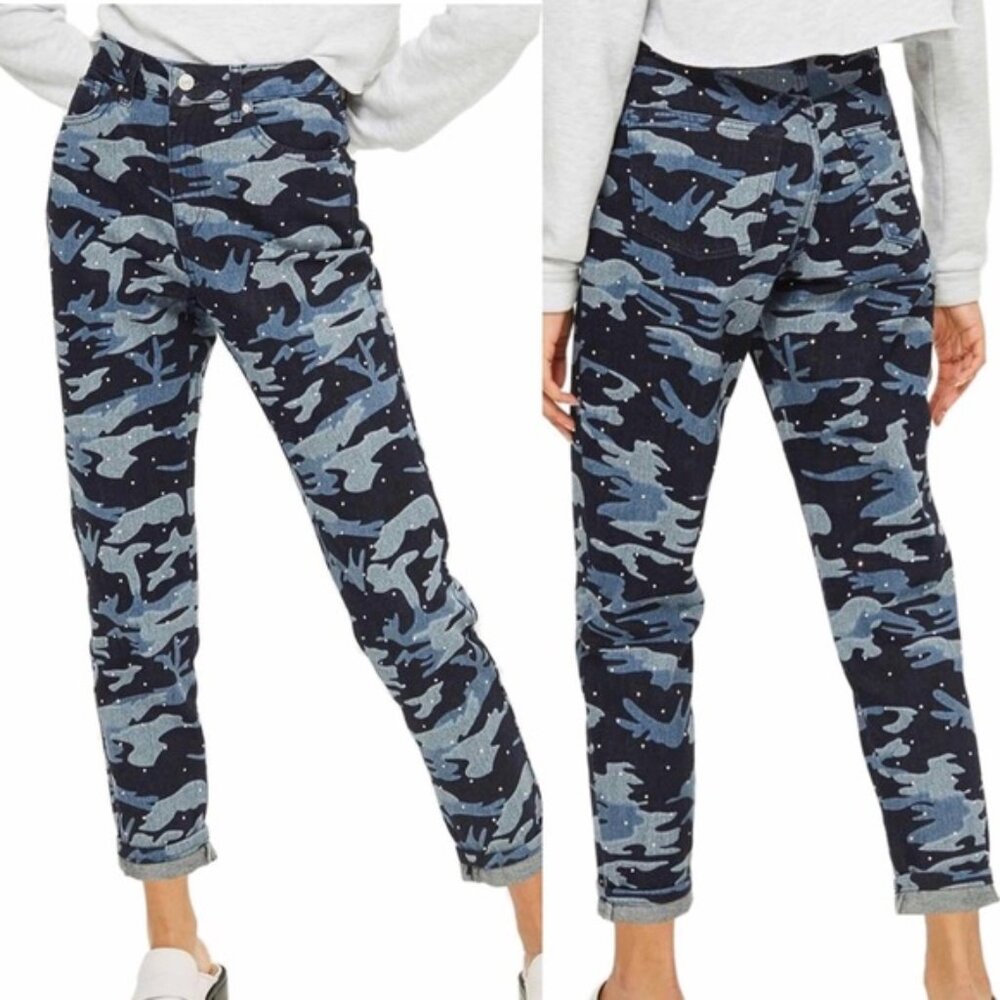 Topshop NEW Moto Mom Jeans High Waisted Jewel Studs Camo Diamante Denim Women's - Picture 3 of 17